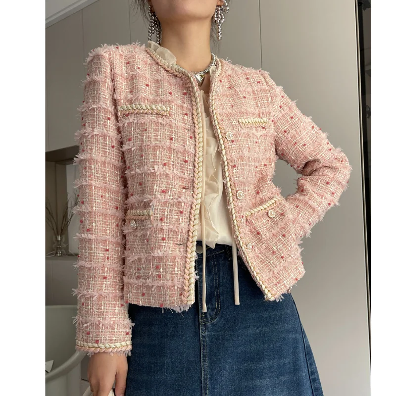 

French Elegance Spring Autumn Short Jacket Small Fragrant Sweet Round Neck Chic Long Sleeve Simple Fashion Pink Tweed Women Coat