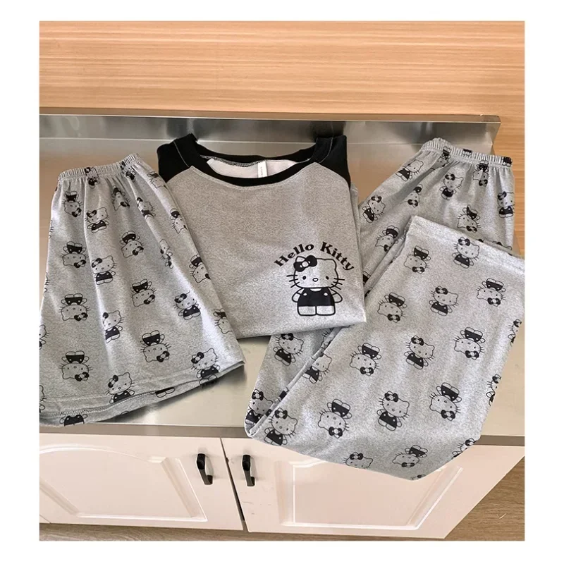 Sanrio Hello Kitty pijamas de seda de verano para mujer de algodón Casual de dibujos animados de tres piezas pijamas de mujer ropa de casa pijamas