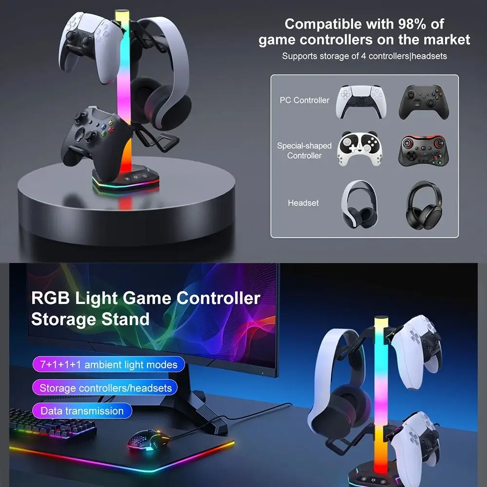 

RGB Light Headphone Stand Anti-slip Data Transmission Gamepad Holder Multi-functional Headset Desktop Stand for Playstation5/PS5
