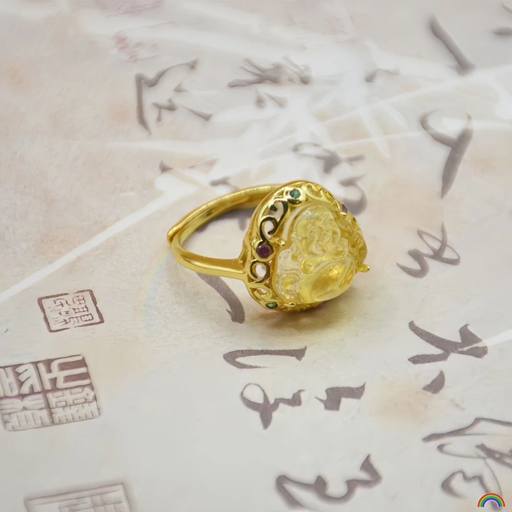 

Natural beeswax Buddha ring for women, inlaid with Maitreya Buddha, simple and luxurious jewelry, designed by Rwbuy brand