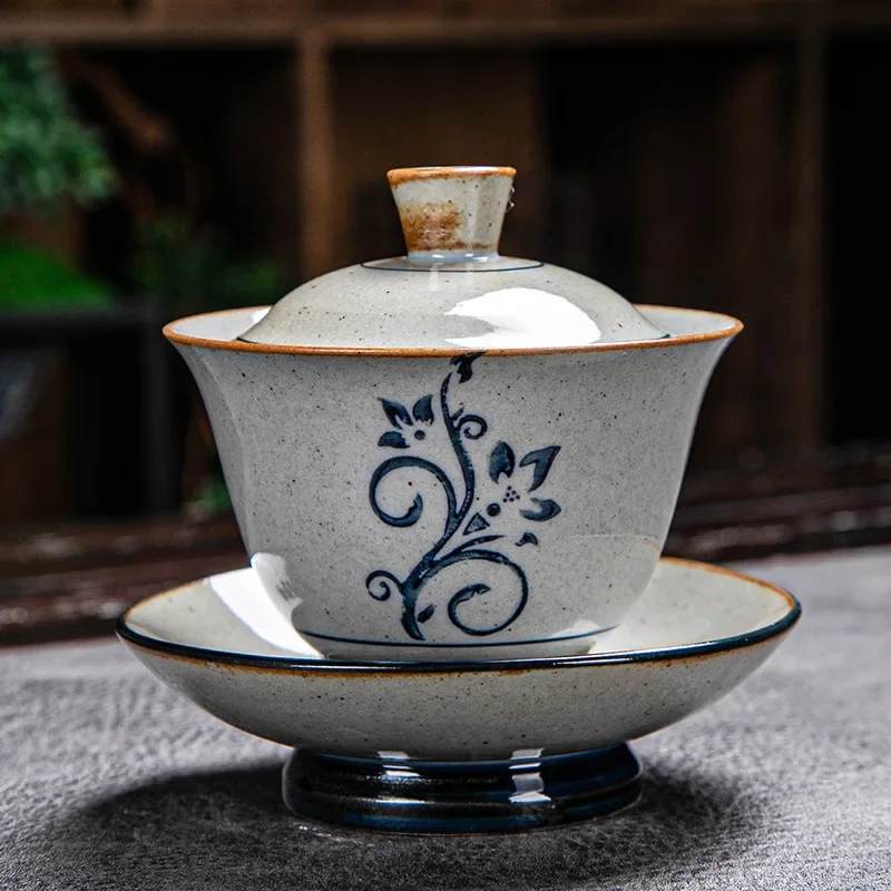 Vintage Brennholz handbemalt Gaiwan, Keramik blau und weiß Zeremonie Schüssel, Kung Fu Tee-Set, Steinzeug Brauen Abdeckung, Terrine