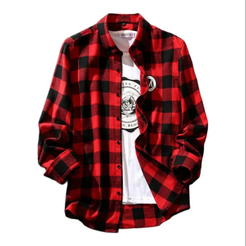 Vintage Plaid Kurze Männer Frühling Herbst Langarm Streetwear Baumwolle Oversize Casual Mode Top Bluse 2023 Großhandel