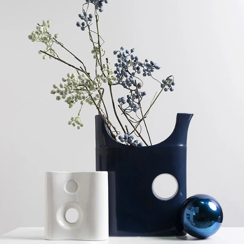 Modern Geometric Blue Ceramic Vase Creative Living Room Model Room Hotel Restaurant Home Dried Flower Porcelaim Floral