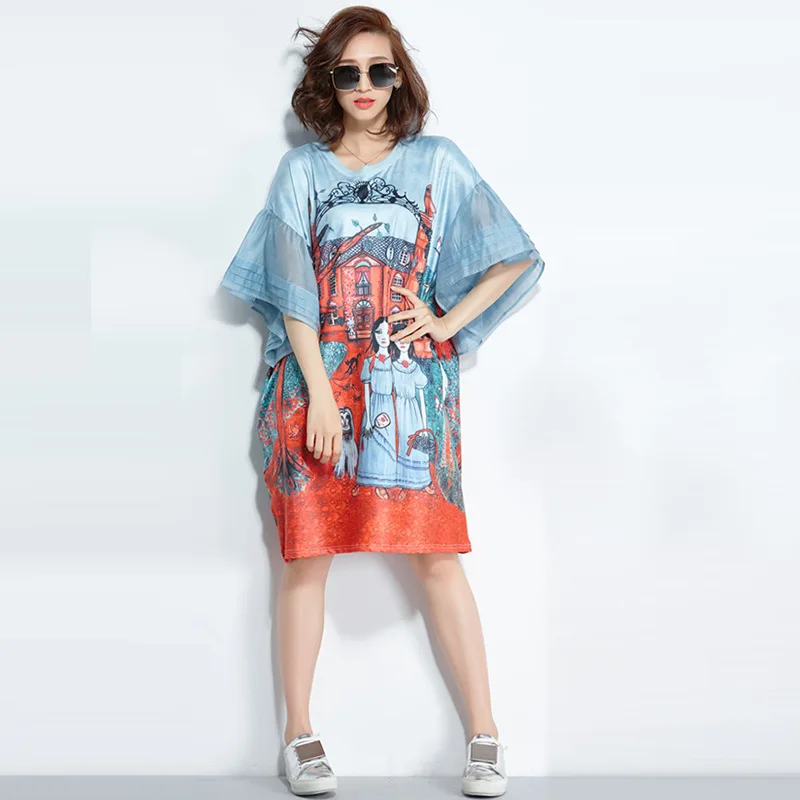 الصيف قصيرة الأكمام المتضخم فستان حجم كبير المرأة الكرتون تي شيرت مطبوع عطلة الشاطئ فستان فضفاض الملابس النسائية