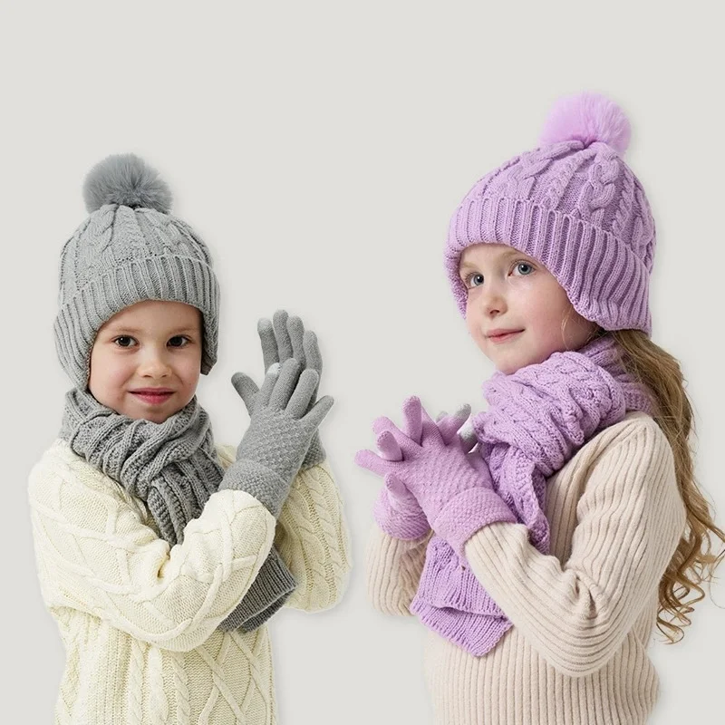 Set Sarung Tangan Syal Topi Musim Dingin Anak-anak 3 Buah Topi Beanie Anak Laki-laki Perempuan Sarung Tangan Syal Topi Lapisan Bulu Anak untuk 3-10 Tahun