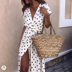 White Summer Dress Women 2025 Casual Vintage White Boho Dress Polka Dot Print A-Line Party Sexy V-neck Short Sleeve Long Dresses