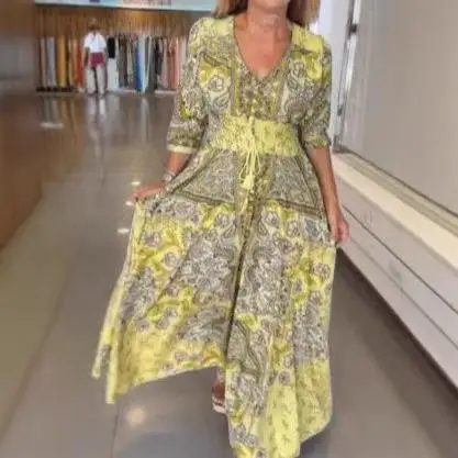 Ele Summer Floral Long Dr con orlo ampio elastico in vita regolare Sve lunghezza cinque quarti Businwear Dr