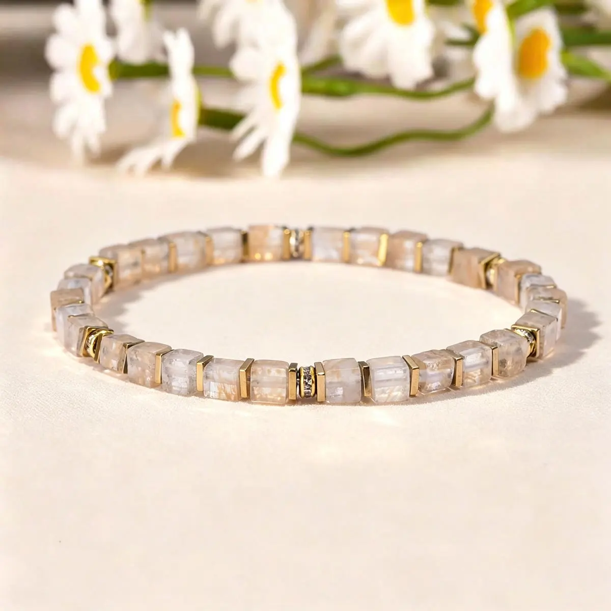 1pc Vintage style gold red quartz 5mm square bead bracelet, symbolizing inner strength and optimism, unisex jewelry gift