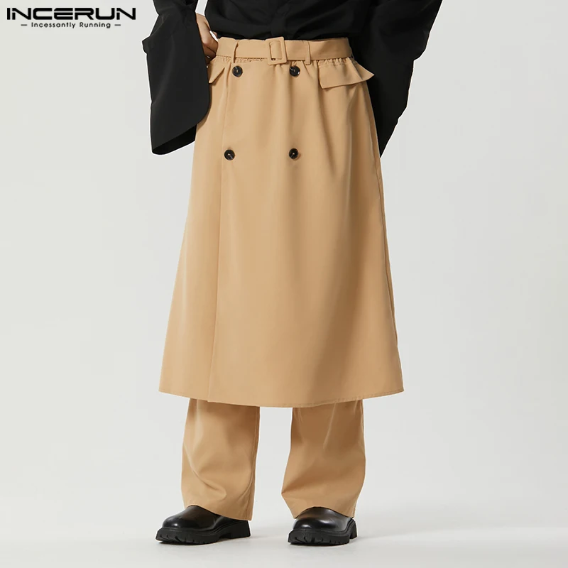 

INCERUN Men Skirts Pants Solid Color Loose Joggers Irregular Trousers Men With Belt Streetwear 2024 Fashion Casual Long Pants