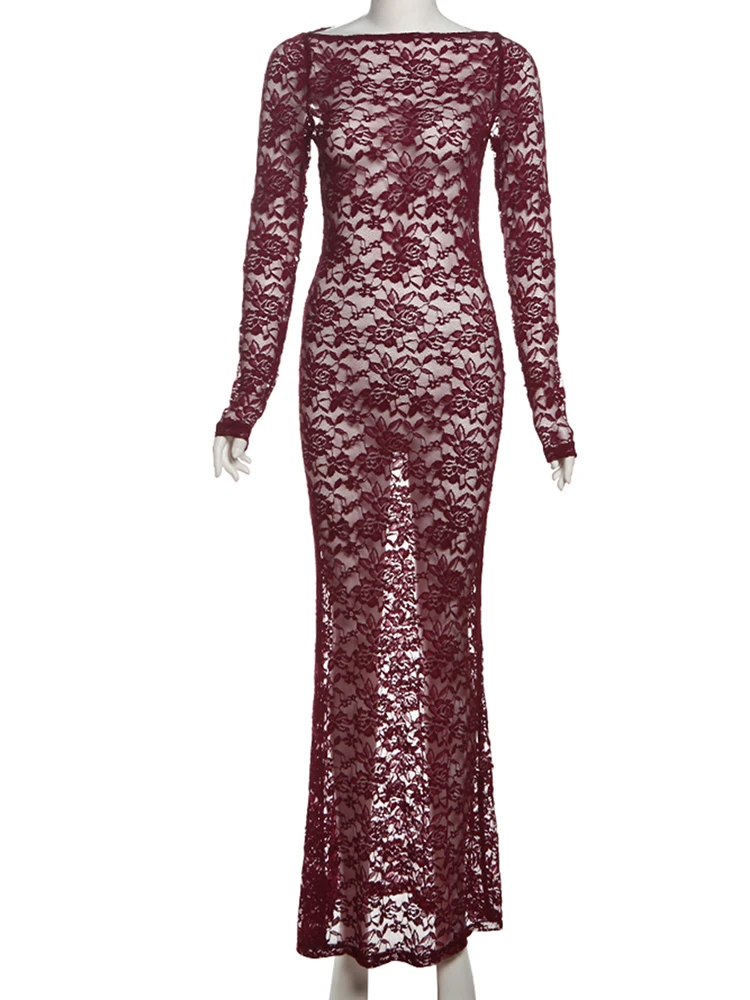Whatiwear Jacquard Patchwork Maxi Dress Women Sexy See Through o-Neck Full Sleeve Midnight Prom Party Elegant Skinny Vestidos
