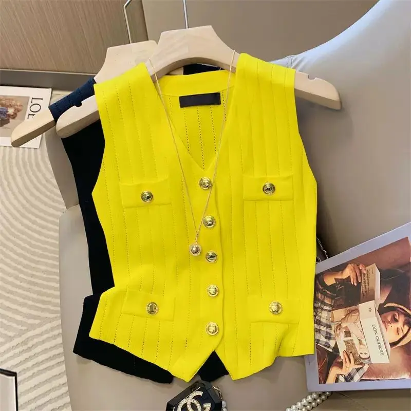 V Neck Ice Silk Knitted Vest for Women Summer New Office Sleeveless Solid Color Slim Button Elegant Tops Fashion Vintage Clothes