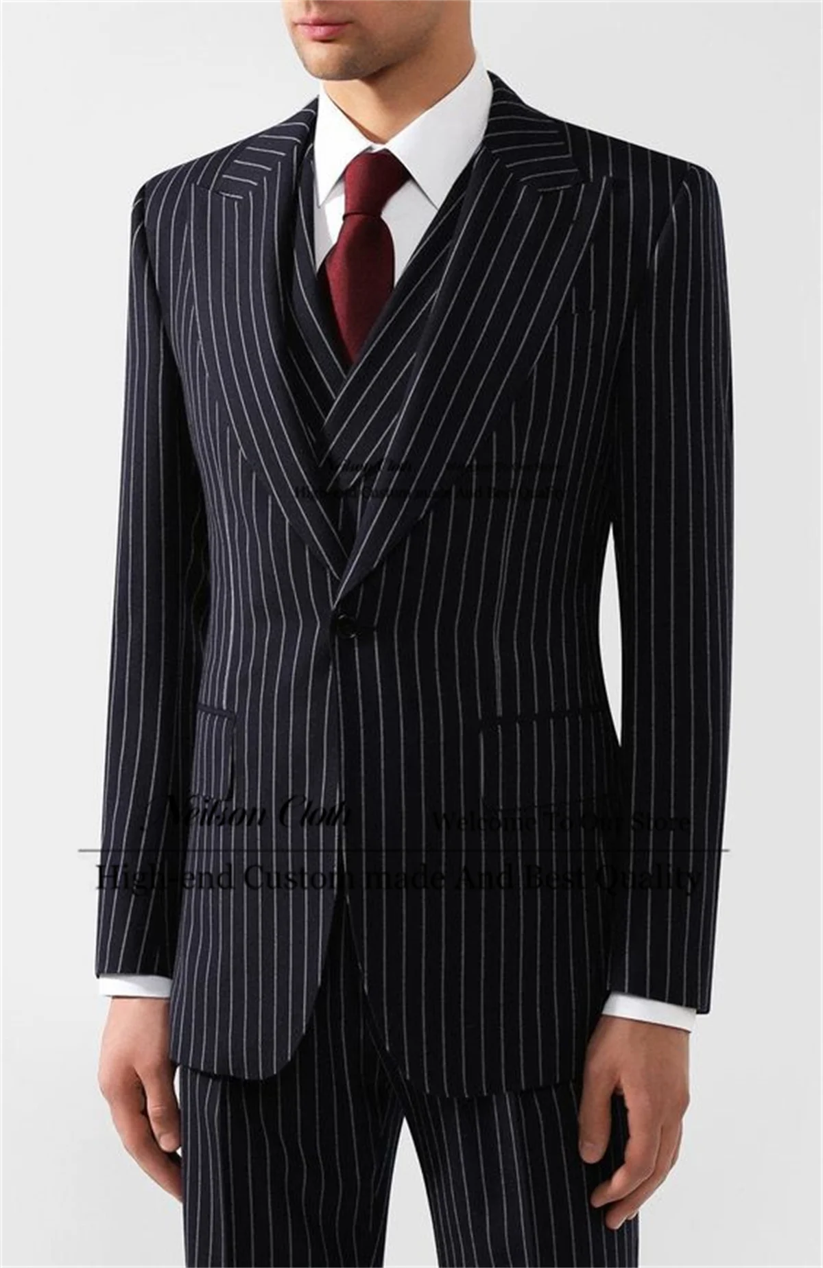 

Fashion Black Male Prom Blazers 3 Pcs Sets Pinstripe Groom Wedding Tuxedos Slim Fit Peaked Lapel Business Terno Masculino