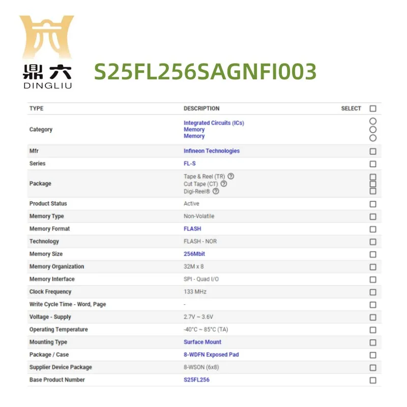 S25FL256SAGNFI003  IC FLASH 256MBIT SPI/QUAD 8WSON  Memory IC S25FL256SAGNFI003  BOM service