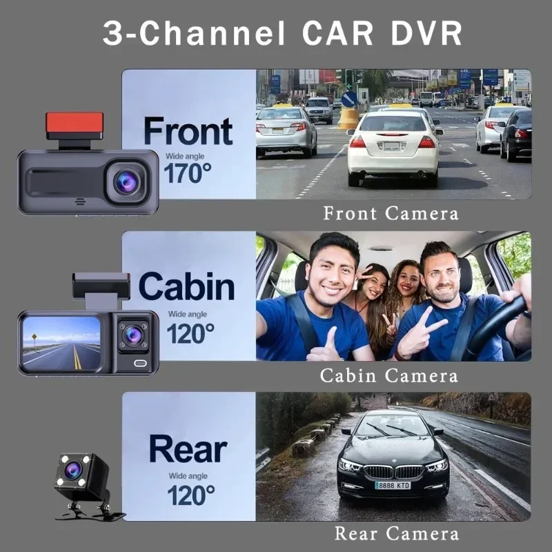 Car Dvr HD Recording Dash Cam Dashcam Front and Rear Camera 2.0 Inch Black Box Night Vision 3 Cameras Motion Detection 1080p