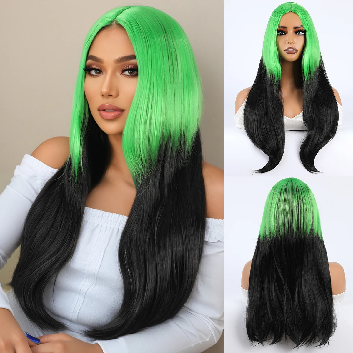 

Long bangs, high-level gradient green, black long wig Synthetic fiber wig