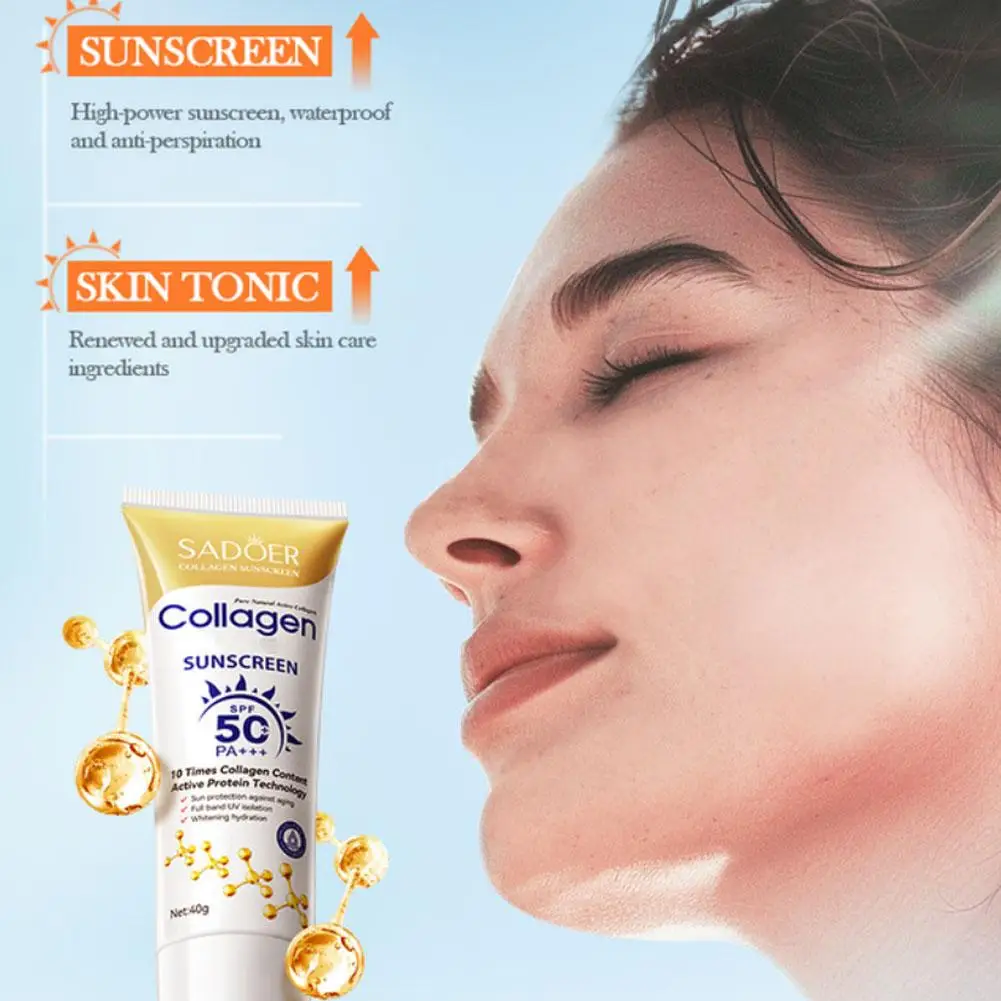 Protector solar de colágeno, crema solar refrescante, hidratante, protector solar de larga duración para la piel, protector solar para el cuerpo y la cara SPF 50+