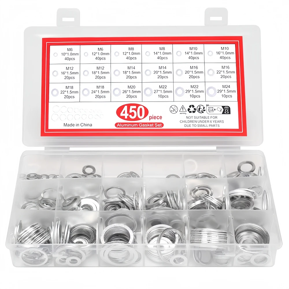 450PCS/Box Set Washer Automotive Metric Oil Drain Plug Gaskets Aluminum Flat Washer Combination Fasteners Kit