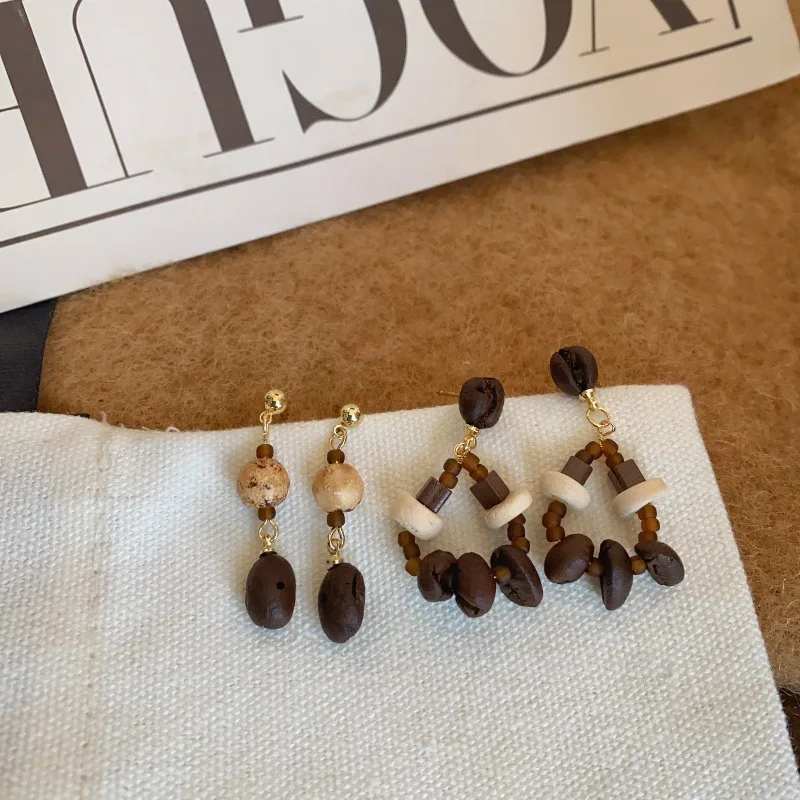

Vintage Art Original Design Coffee Bean Earrings Female Irregular Wooden Beads New Chinese Ethnic Style Earrings