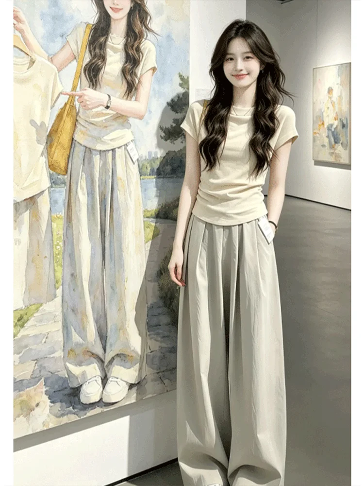 

Unique Beautiful Summer Outfit Two-Piece Set Casual Wide Leg Pants Pure Color Short Sleeve T-Shirt Elegant Women's Fashion Set