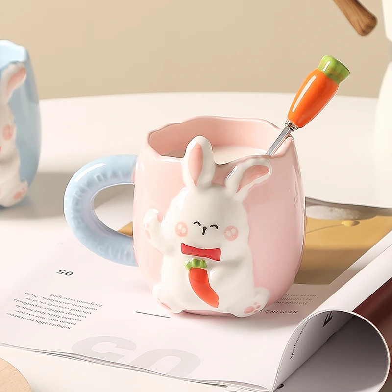 Creative Relief Rabbit Ceramic Mug Drinking Cup Super Nice Couple Cute Cartoon Coffee Cup Kitchen Breakfast Milk Cup Tableware.