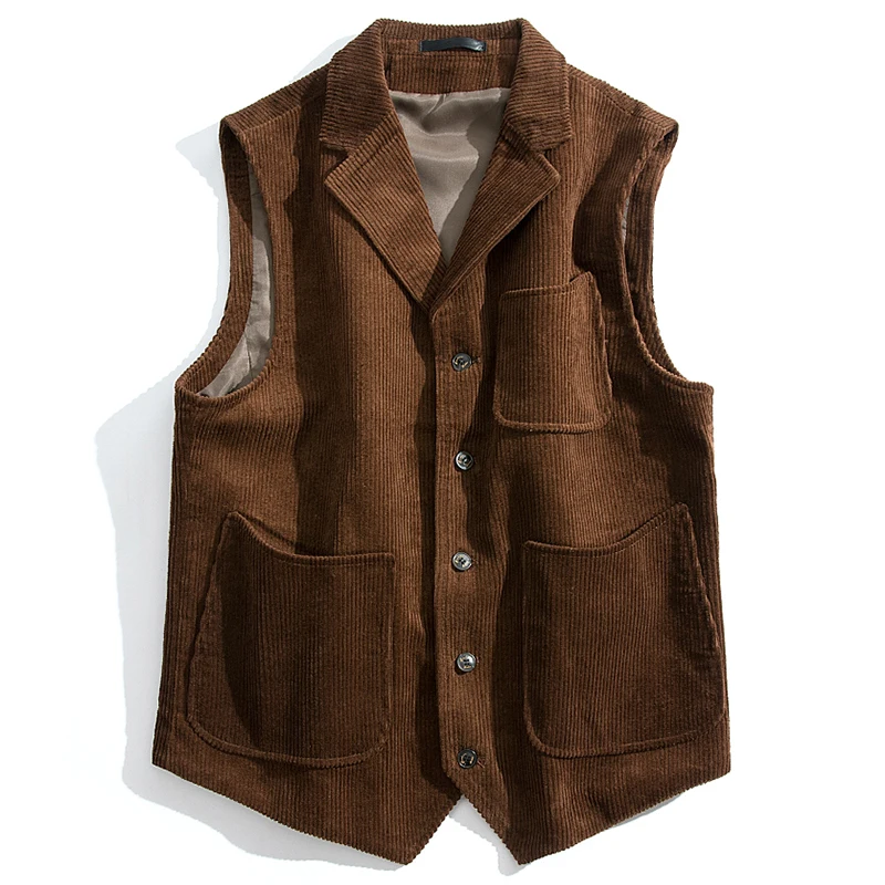 Gilet en velours côtelé noir GlaCoffee pour homme, col tailleur, gilet d\'outillage rétro, simple boutonnage, 3 poches, vintage, mariage, tweed