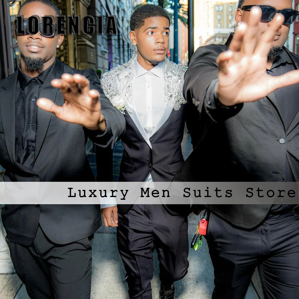 

Sparkling Applique Suits for Men 2 Pieces Set Wedding Party Groom Tuxedos Prom Wear Customized Blazer Pants roupas masculinas
