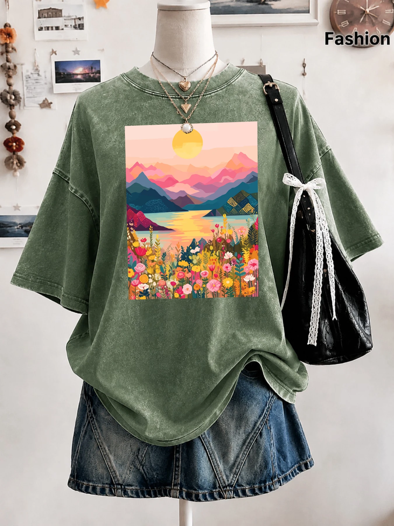 Mountain Lake Sunset Wildflower Landscape Print Women'S Washed T Shirts Summer T-Shirt Loose O-Neck Top Cotton Streetwear