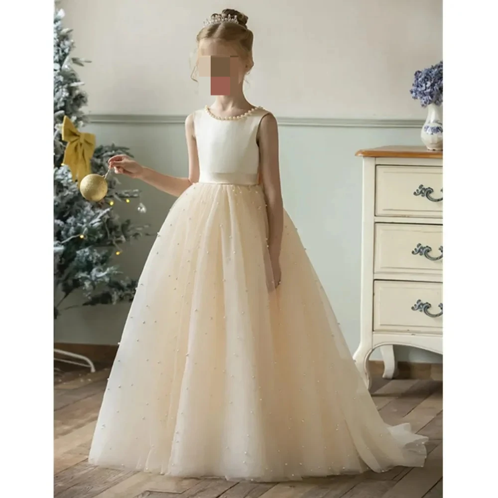 

Flower Girls Satin Tulle Princess Pageant Dress For Wedding Kids Pearls Prom Ball Gowns with Bow-Knot Flower Girl Dresses