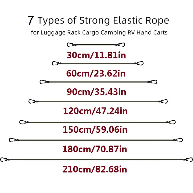 30-210cm 7mm Packing Ropes Elastic Bungee Cords with Silver Hooks Stretch Lightweight for Bikes Car Luggage Roof Rack Strap