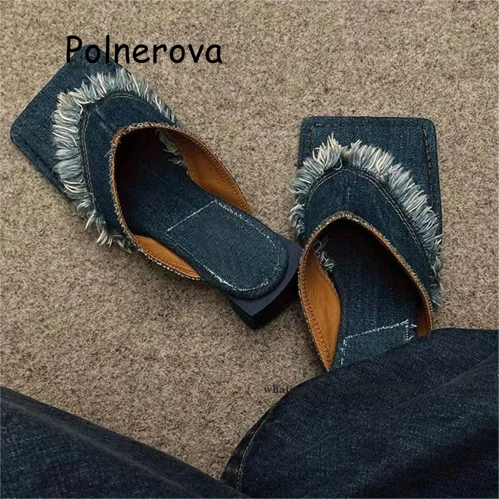 Denim dark blue slippers square toe women's shoes tassel slip on flat with summer casual elegant outerwear ladies fashion shoes