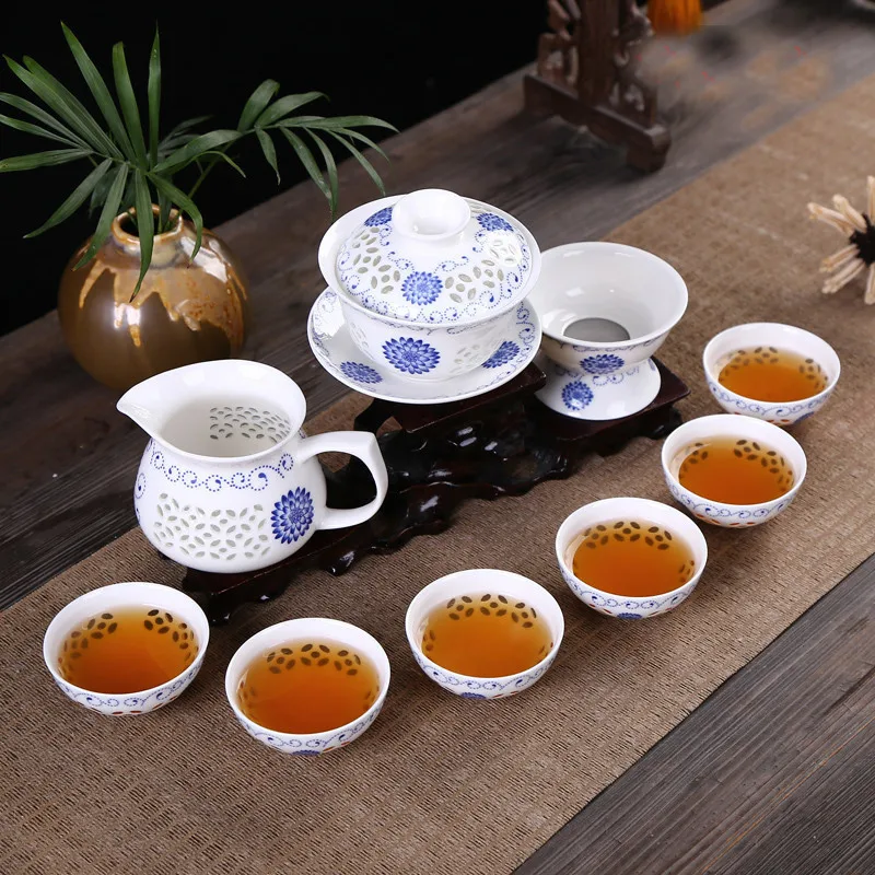 CJ261 Kung Fu 10 Pcs/Set Tea Set, Ceramic Tea cup, Blue and White TeaPot, Bone China, Tea Sea, Tea service