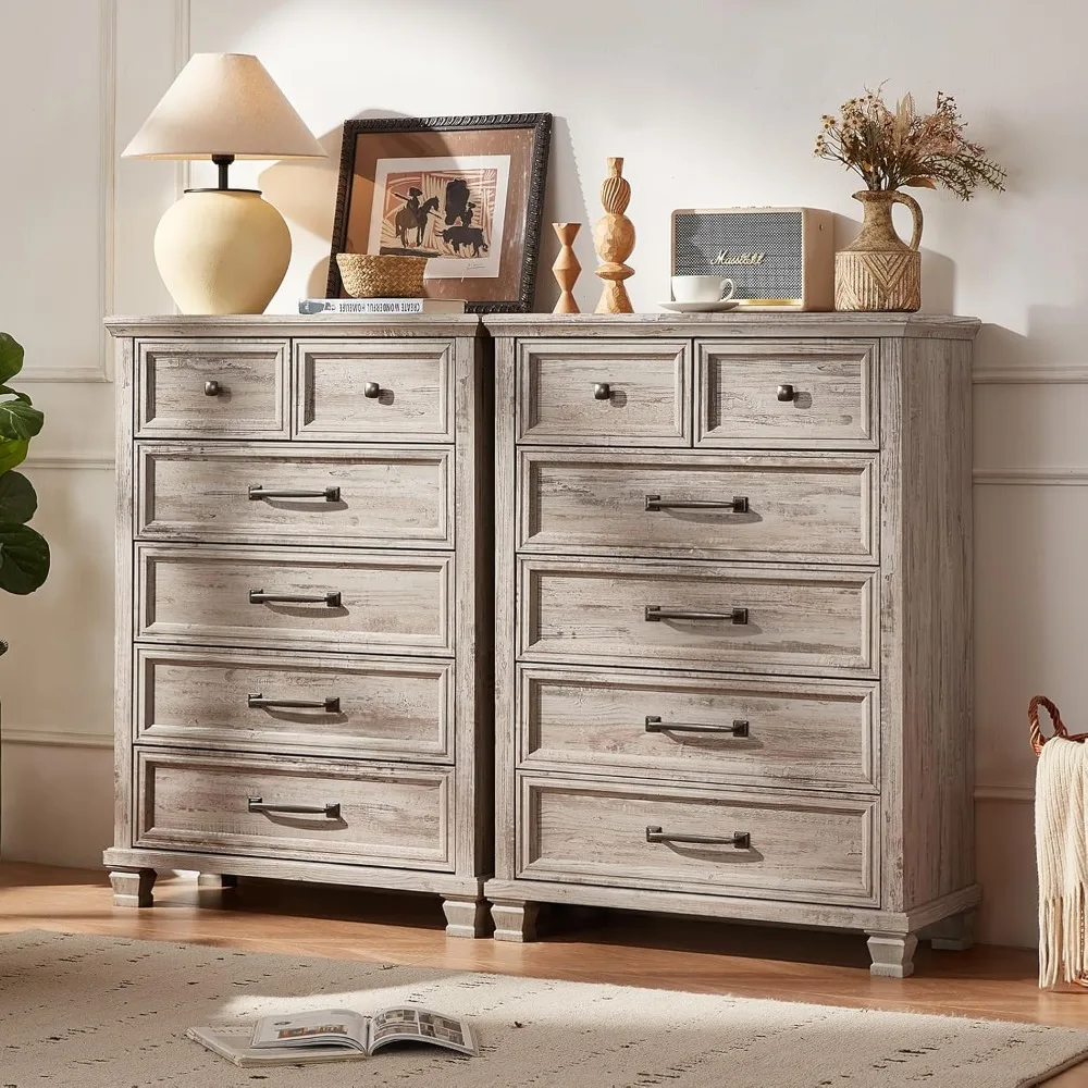 ヴィンテージ45 高さ6段引き出し付きファームハウススタイル木製ドレッサー（寝室用、角脚付き）