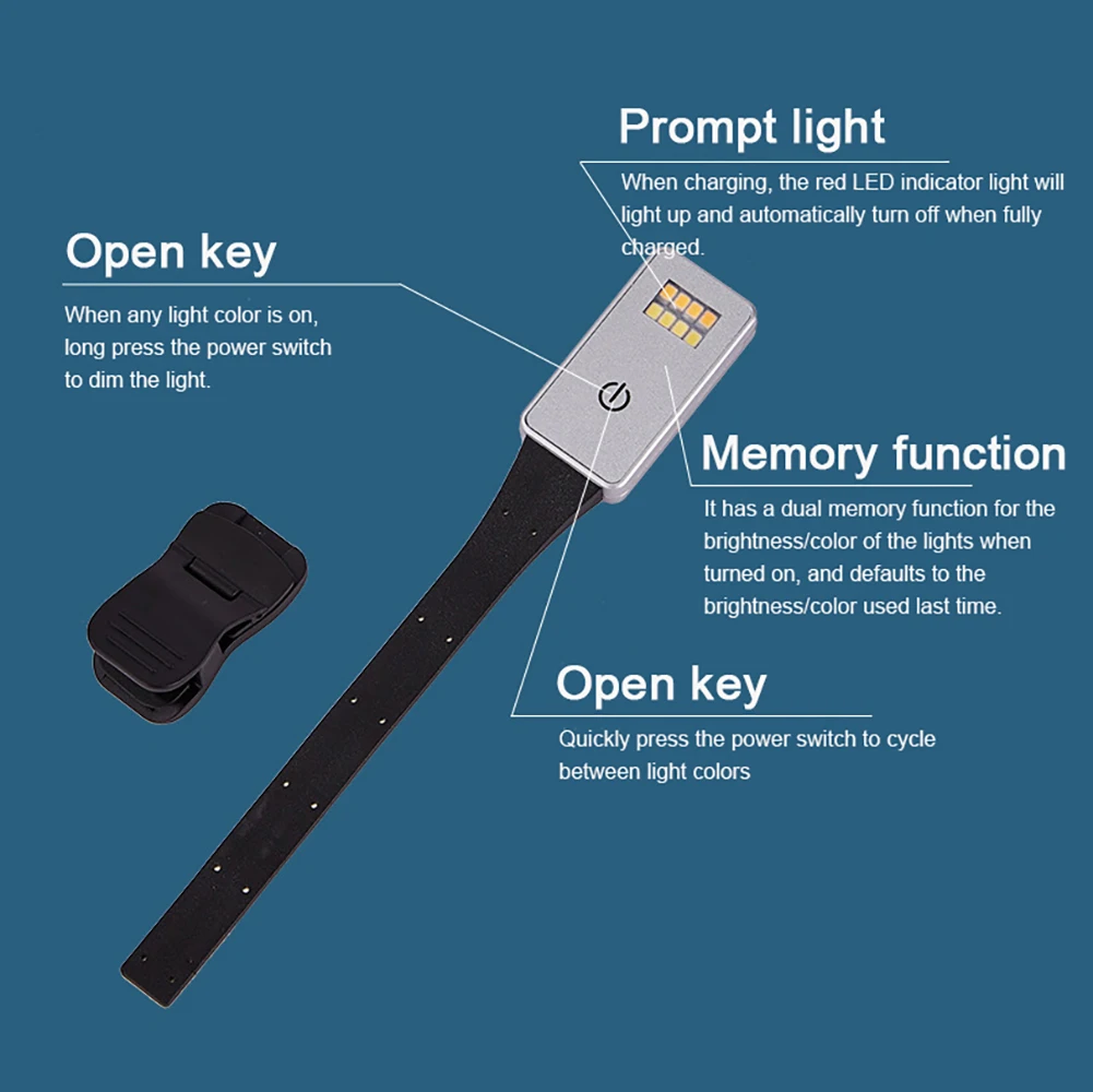 Imagem -05 - Luz de Leitura Led com Botão de Braçadeira Book Clip Lamp Usb Recarregável Temperatura de Cor 3000k 4500k 5500k