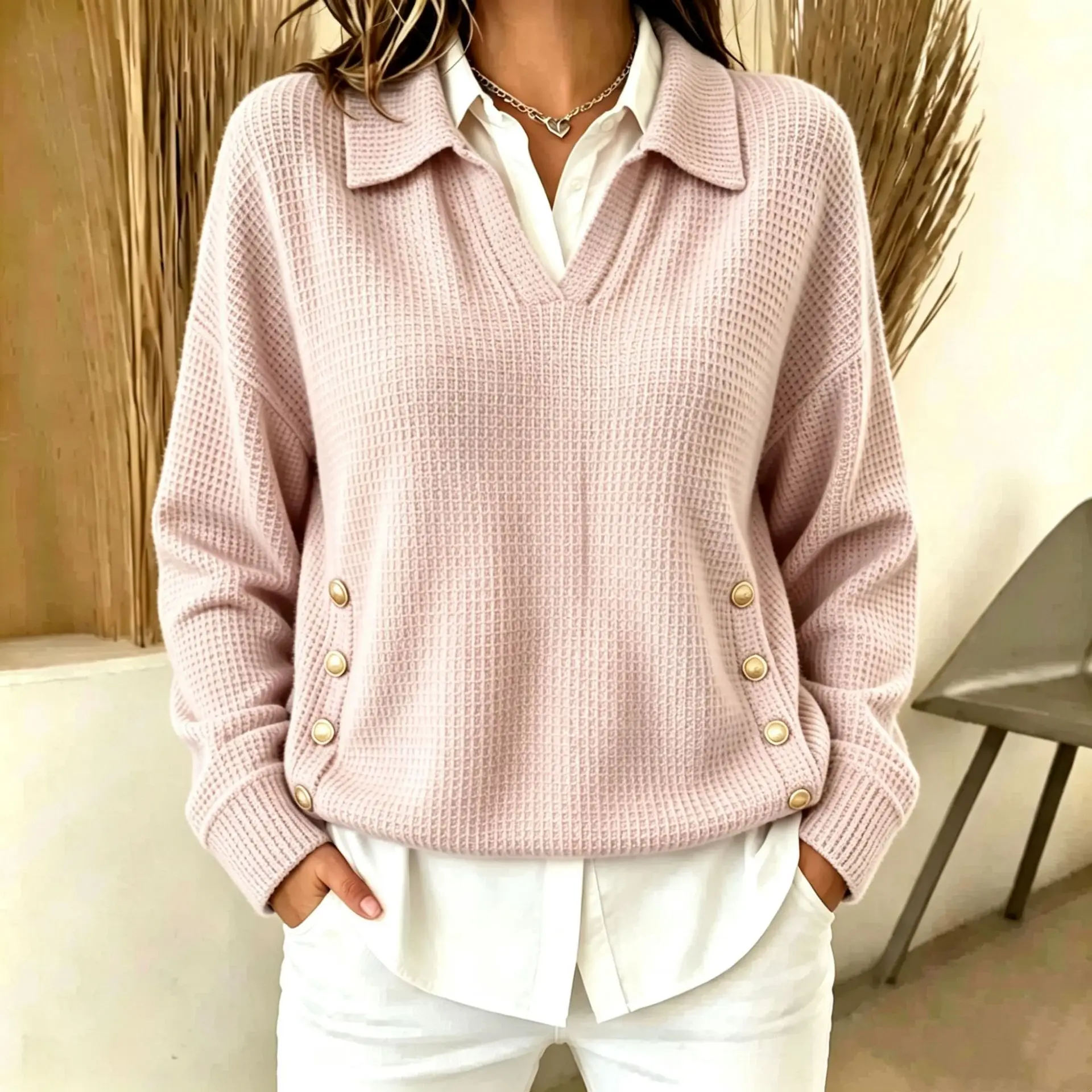 2026 Autumn and Winter New Loose Casual Lapel Pullover Women's Sweater Waiting for Buttons Multi-color