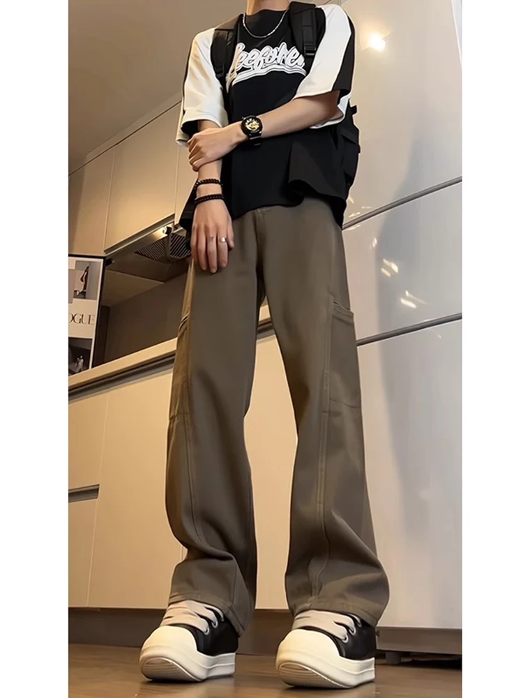 

Cleanfit High Street Men's Denim Jeans Coffee Color Multi-Pocket Workwear Straight Leg Micro Flared Pants Youth Fashion