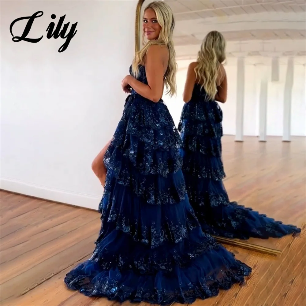 Lily Blue A Line Formal Dresses Tiered Party Dress For Wedding Pleat One Shoulder Special Occasion Dresses with Side Split 프롬드레스