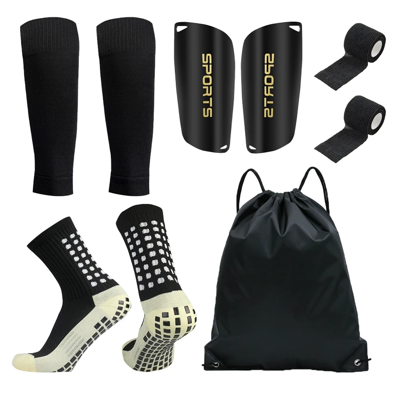 Conjunto de 5 piezas de fútbol para adolescentes y hombres, calcetines deportivos de agarre, cubierta de pierna, espinilleras de vendaje, tabla de entrenamiento