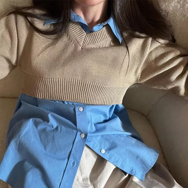 

UETEEY 2025 American Short Sweater Women's Spring and Autumn Khaki Knitted Sweater Knitted Long Sleeve Pullover