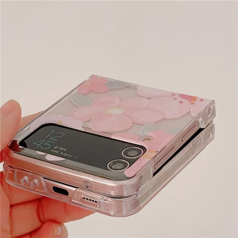 Romantic Pink Oil Painting Flower Phone Case for Samsung Galaxy Z Flip6 4 3 Hard Cover for ZFlip5 Zflip4 Solid Shell Bracket
