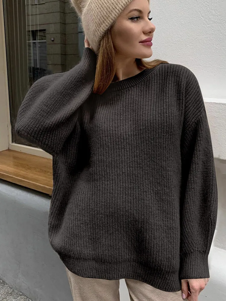

Chic Solid Striped Knitted Pollover Women Full Sleeve Patchwork Round Neck Oversize Loose Sweater Ladies Daily Commute Wear 2025