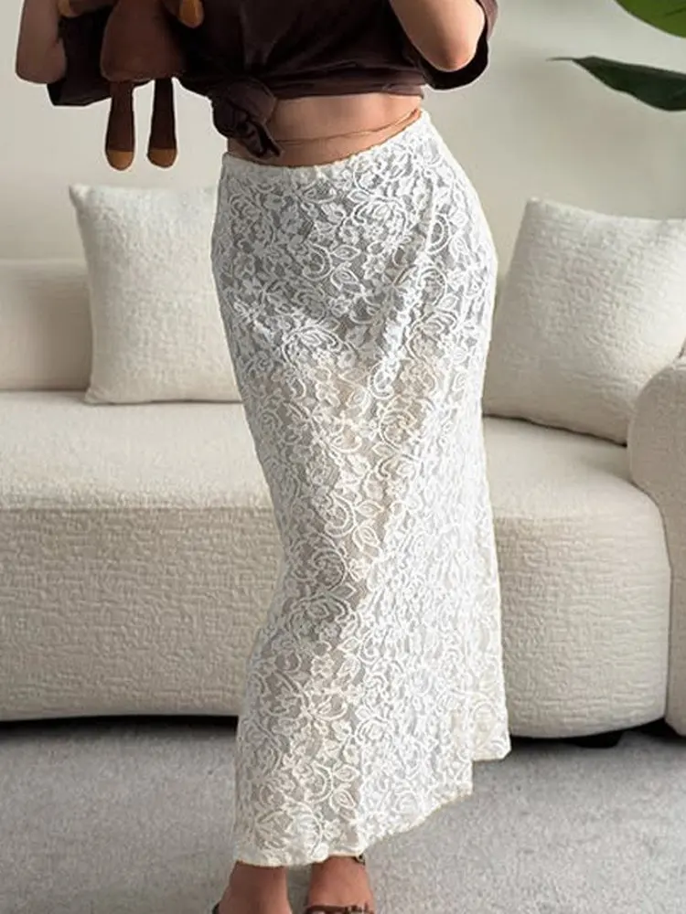 エレフィテールレーススカート、アンダーレイ付き透明デザイン、クロスボーダー2025新作、女性用ファションミディスカート