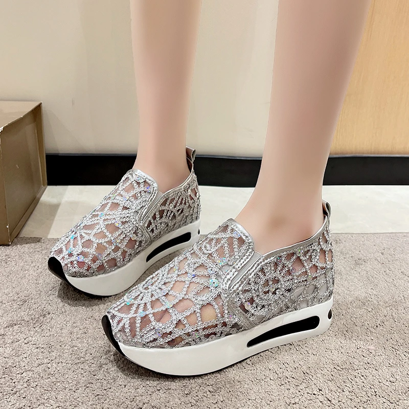 Platform Wedges Women\'s Vulcanized Shoes Floral Embroidery Mesh Sneakers for Women Slip on Casual Comfy Heeled Shoes Woman