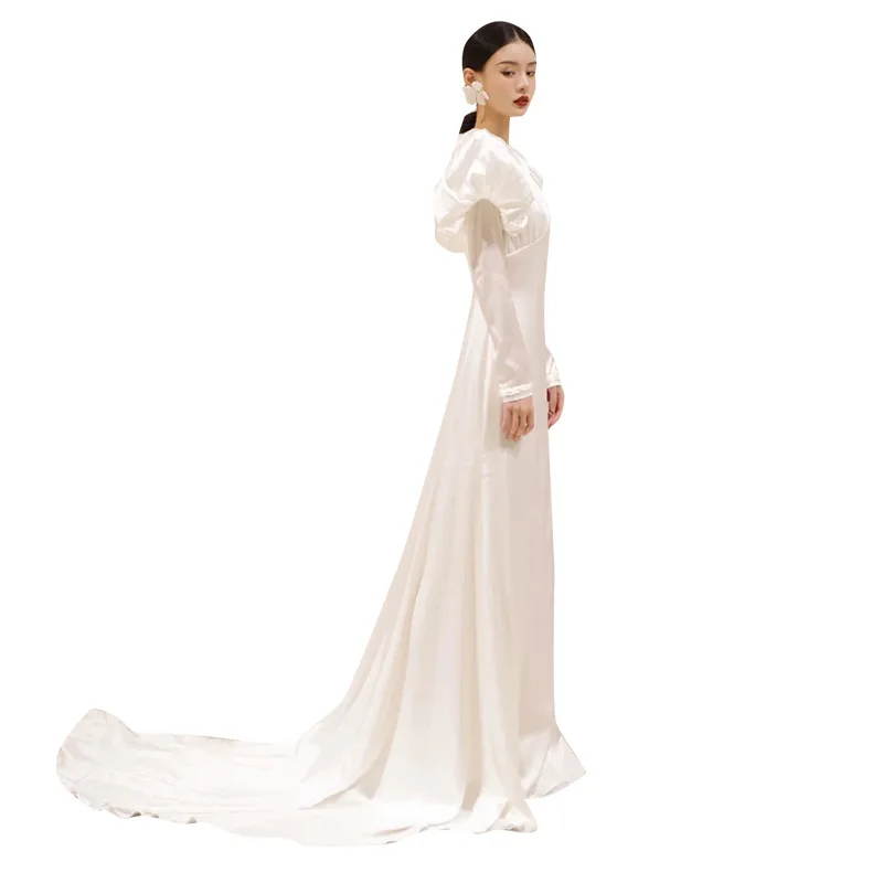 SONDR O-Neck Custom Made Satin Wedding Dresses Puff Sleeves Ivory Elegant Korea Sweep Train Brides Gowns Women Bridal Dresses