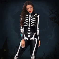 Zawaland Halloween Women Sexy Cosplay Costume Black Skull Printing Jumpsuits Party Fashion Long Sleeve Slim Horror Bodysuit