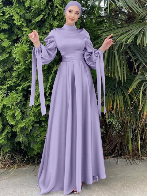 Satin Muslim Dresses For Women Puff Sleeve Pleated Hijab Robe Islamic Clothing Party Evening Dubai Turkish Modest Outfit Ramadan Dresses AliExpress
