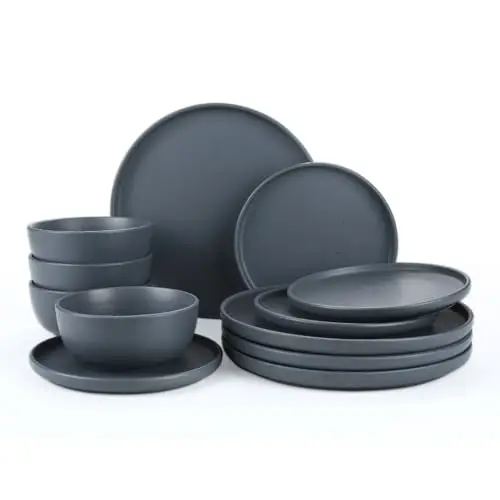 Famiware Dawn Plates and Bowls Sets, 12 Pieces Stoneware Dinnerware Sets, Dishes Set for 4, Microwave and Dishwasher Safe, Spec
