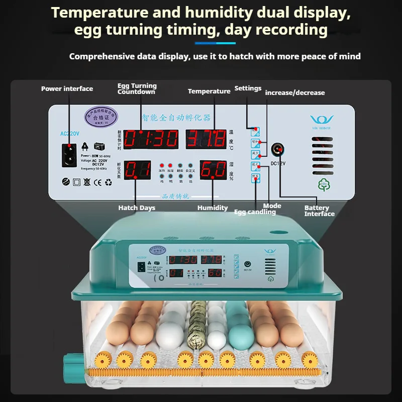 Inkubator Telur Otomatis Pintar Ukuran Kecil Untuk Penggunaan Rumah Tangga, Cocok Untuk Telur Ayam, Bebek, Angsa, Merpati, Puyuh Dengan Pengaduk Otomatis, Pemantau Telur, dan Daya Ganda