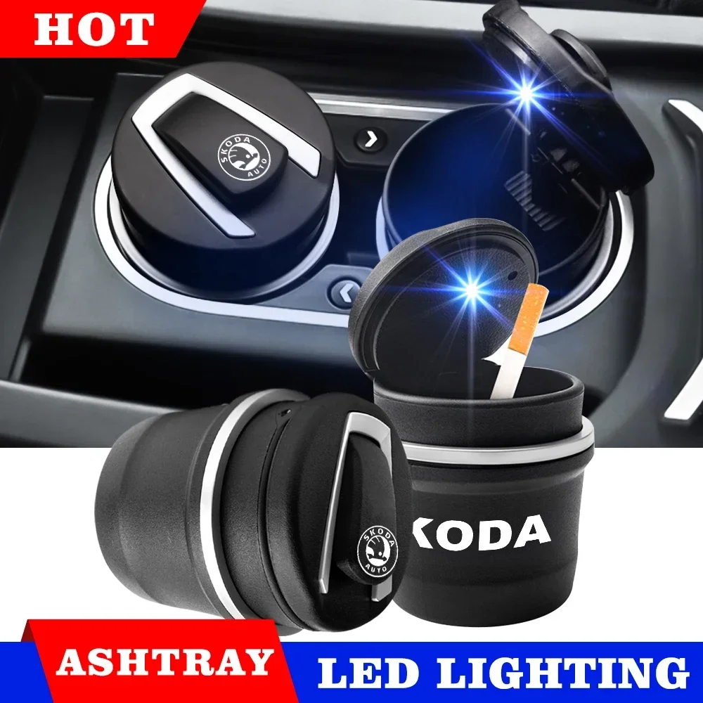 Portable Car Ashtray With LED Light  Flame Retardant Smoke Cigar  Ash Tray one Touch Open For Skoda Kamiq Fabia Kodiaq Rapid a5