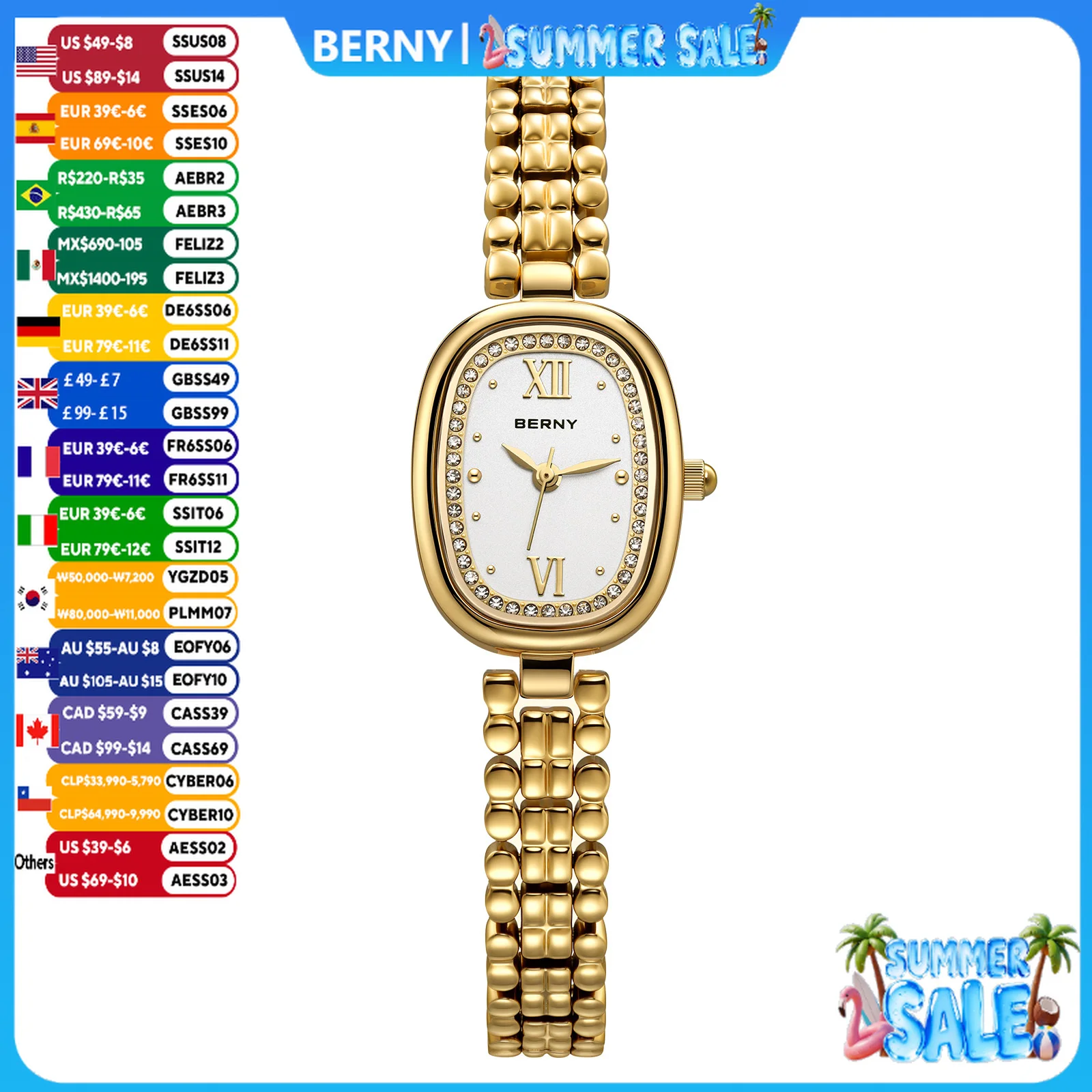 

BERNY Golden Women's Watches Luxury Elegant Oval Ladies Quartz Watch Slim Fashion Casual Stainless Steel Girls Dress Wristwatch