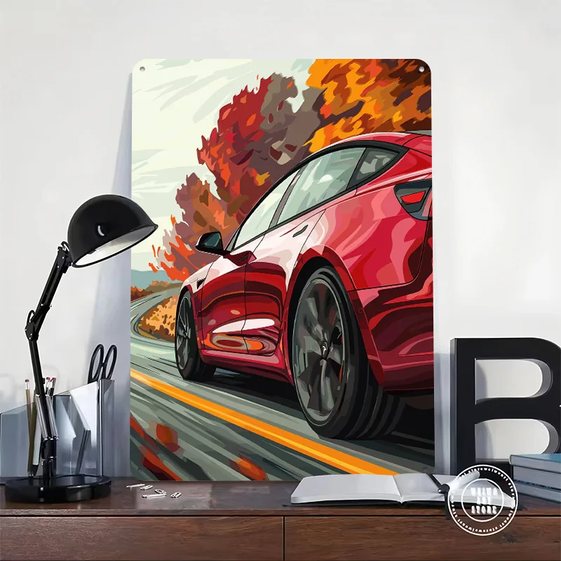 Red Tesla on Winding Road Car Tinplate Poster Customized Wall Art Vintage Metal Signs Retro Tin Plaque for Gamer Room Decoration